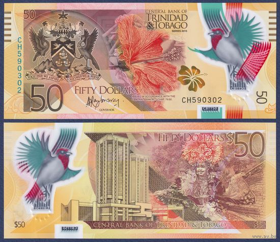 Тринидад и Тобаго, 50 долларов 2015 г., P-59 (CH, полимер, красный кардинал), UNC