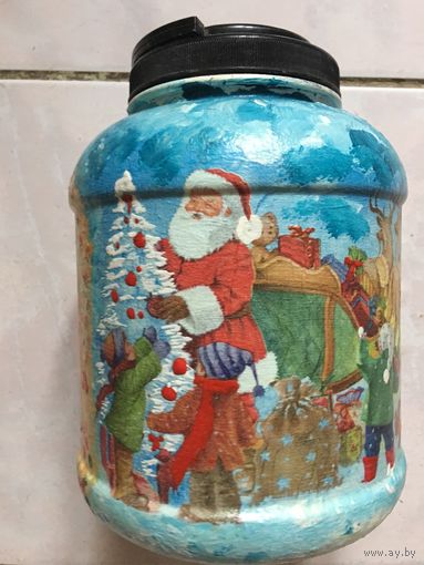 Новогодний рисунок и весенний декупаж банка для хранения ручная работа
