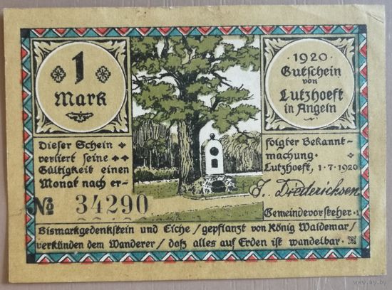 Германия 1 марка 1920 г Лютцов (Lutzhoft) 848.2с , N#5 (# черн.) aUNC,