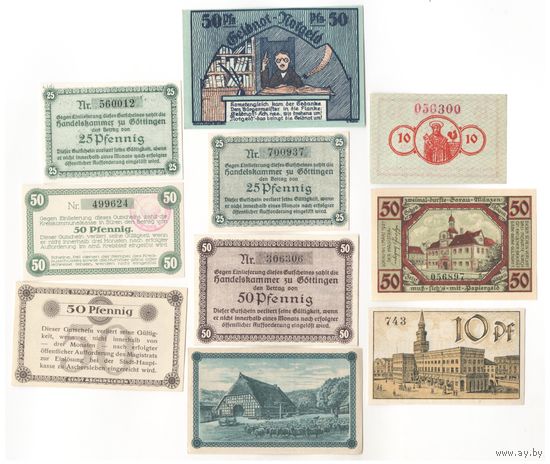 Германия комплект нотгельдов 1918-1922 гг. 10 шт. Состояние UNC