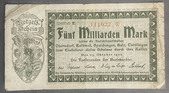 Банкнота 5 миллиардов марок 1923 год. Веймарская республика