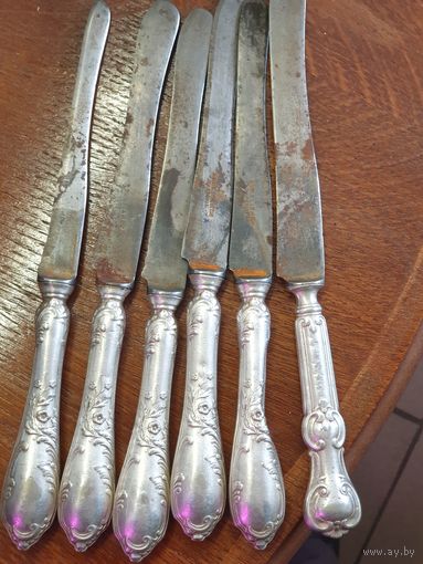 6 ножей Варшава Норблин под Россией, царизм, имперский орел, с рубля, мельхиор, серебрение