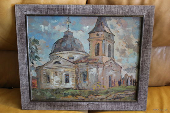 Н.И. Лихоненко, член союза художников БССР с 1974 года, "В Православный храм на Пасху", картон, масло,