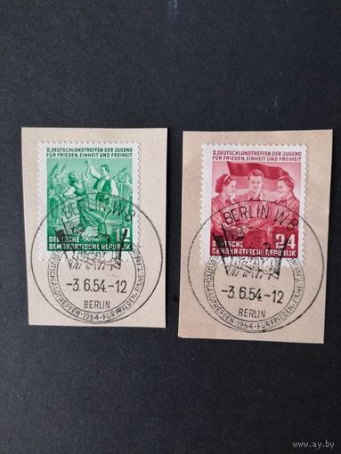 ГДР 1954 Полная серия марок на вырезках "День встречи немецкой молодежи" (спецгашение) Mi.428-429 каталог 2.40 евро