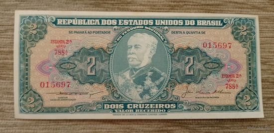 Werty71  Бразилия 2 крузейро 1956 1958 аUNC банкнота зелёная Луиш Алвиш ди Лима да Силва