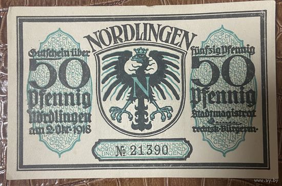Нотгельд , 50 пфеннигов, Нёрдлинген 1918 год. Веймарская республика