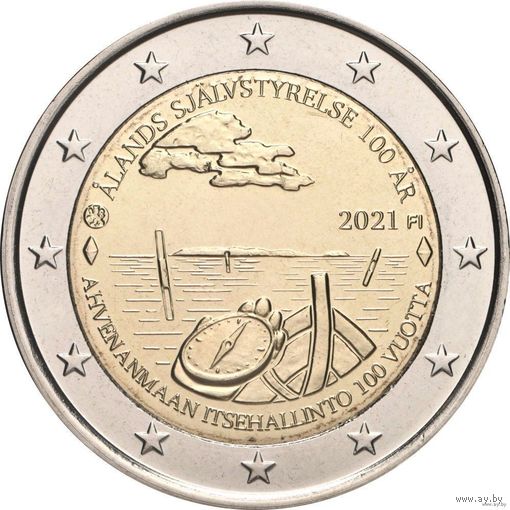 2 евро 2021 Финляндия 100 лет самоуправления на Аландских островах UNC из ролла