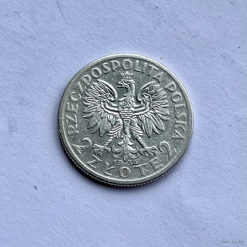 Монета СЕРЕБРО Польша 2 злотых 1934 год Ядвига ОТЛИЧНЫЕ