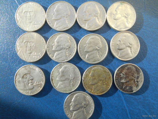 13 монет США 5 центов в тч юбилейные. Одна монета 1941 г