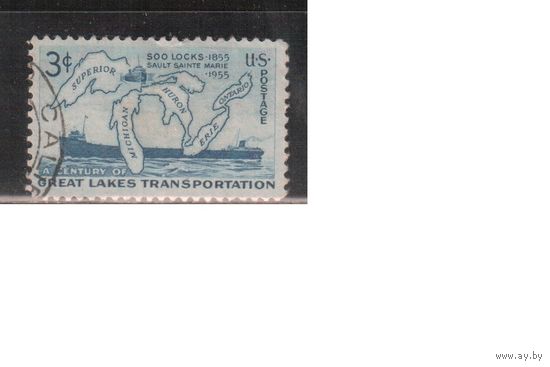 США-1955, (Мих.690), гаш. , Великие озера,Карта, Флот, Корабль, (одиночка),