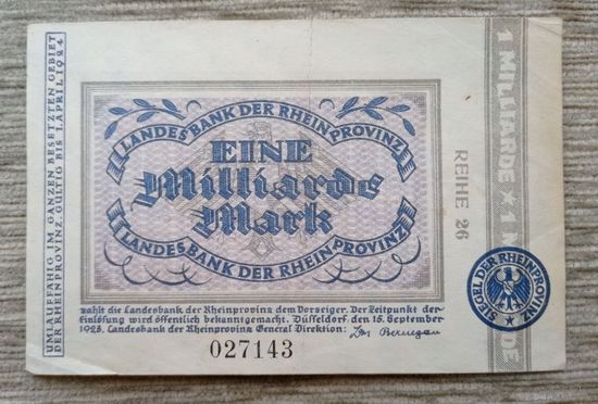 Werty71 ГЕРМАНИЯ 1 МИЛЛИАРД МАРОК 1923 банкнота 1000000000 Дюссельдорф