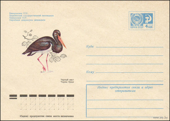 Художественный маркированный конверт СССР N 9839 (10.07.1974) Белорусская ССР. Березинский государственный заповедник  Черный аист