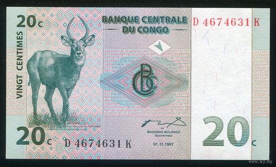 Конго 20 Сантимов 1997 г. P83. Серия K. UNC