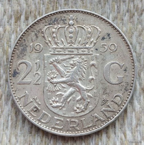 Нидерланды 2 1/2 гульдена 1959 года, AU. Королева Юлиана. Серебро. Предложи свою цену или обмен!