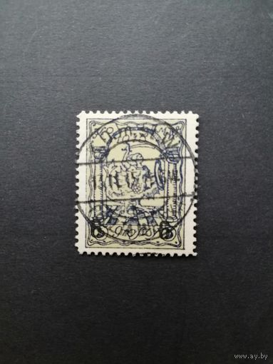 Польша 1915 Марка Mi.1 Варшавская городская почта с надпечаткой "6 gr" выпуска октябрь-ноябрь из серии "Геральдические фигуры" (гашение с наклейкой) Mi.6А II каталог 20.00 евро