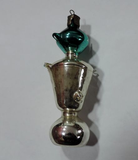 Ёлочная стеклянная игрушка "Самовар с чайником" 60-е годы СССР. Длина 11.5 см. Целая.