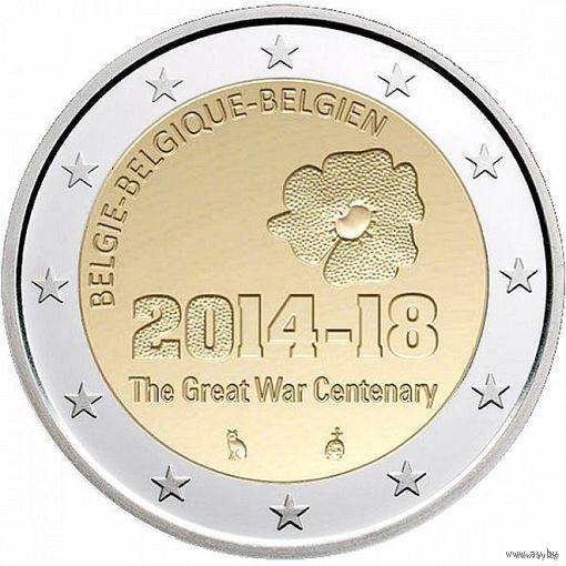2 евро 2014 Бельгия 100 лет начала Первой Мировой войны UNC из ролла