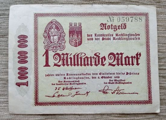 Werty71 ГЕРМАНИЯ 1 МИЛЛИАРД МАРОК 1923 банкнота 1000000000 Реклингхаузен