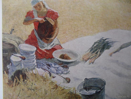 ЧИСТАЯ ОТКРЫТКА. СССР. изд. "СОВЕТСКИЙ ХУДОЖНИК". Н.И. ОБРЫНЬБА "ОБЕД В ПОЛЕ (ЦЕЛИННЫЙ ХЛЕБ)". 1960 г.