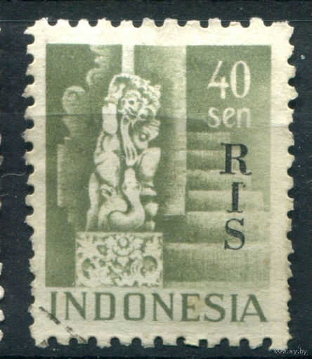 Индонезия - 1950г. - стандартный выпуск, цифры, архитектура, надпечатка RIS, 40 S - 1 марка - гашёная [Mi 51]. #4-W2-129-A-1