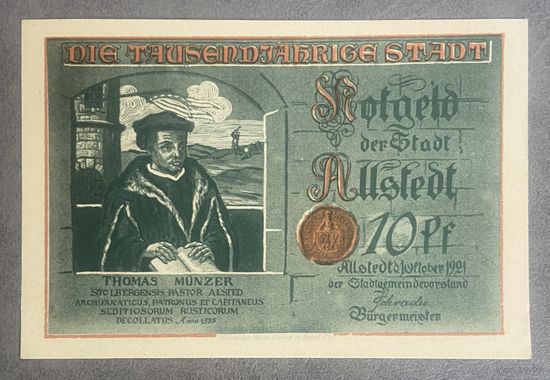 Нотгельд 10 пфеннигов 1921 год. Альштедт. Веймарская республика