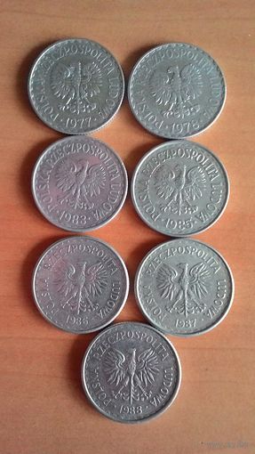 1 злотый 1977, 1978, 1983, 1985, 1986, 1987, 1988. Сборный лот, 7 монет.