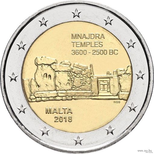 2 евро 2018 Мальта Храм Мнайдры UNC из ролла
