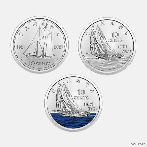 Канада 10 центов, 2021 100 лет шхуне Bluenose (комплект 3 монеты) [UNC]