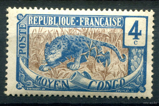 Французские колонии - Среднее Конго - 1907г. - леопард, 4 с - 1 марка - MLH [Mi 3]. #4-W1-129-A-1