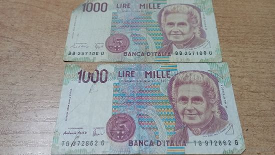 Две по 1000  лир 1990 года Италии разные подписи