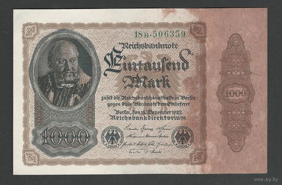 Германия 1000 марок 1922 года. Без надпечатки. Тип Р-82a. Состояние UNC-
