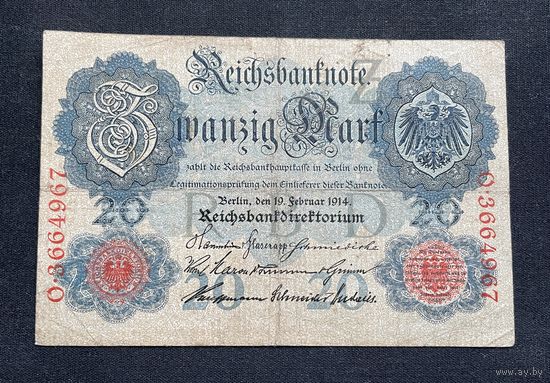 20 марок 1914 год / Германская империя банкнота тип 1906 года / RBD Z O-3664967 / семь цифр