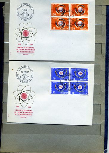 КОНВЕРТ ШВЕЙЦАРИЯ, КПД, 2шт столетие Международного союза электросвязи (МСЭ). 1965 а к/блок