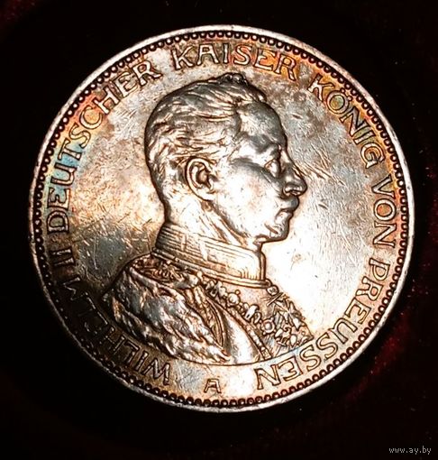 3м 1914, Пруссия, Вильгелм II в мундире, радужная патина, красивая! Смотрите также другие мои лоты!