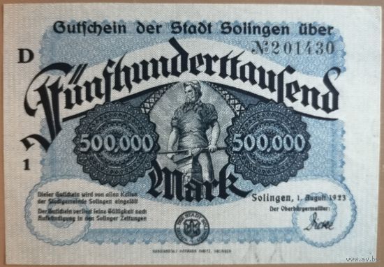 Германия 500000 марок 1923 г Золинген (Solingen) 4809d, D1 N#6* , Фон голубой. aUNC