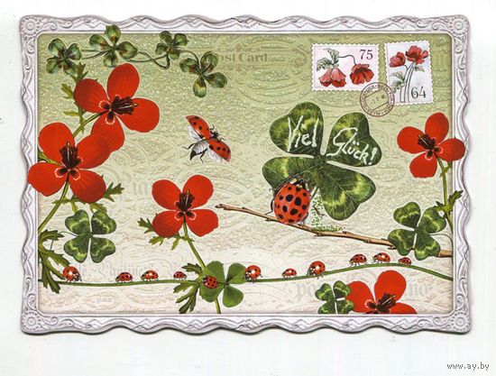 Открытка. Германия. Изд-во Ed Tausendschon. Фигурная. С блеском. Флора. Божьи коровки. Красные Цветы. Марки. Худож.Б.Бехр (чистая)