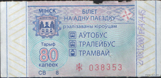 Билет - Талон б/у - Минск 80 к. (зак. 371ц - 2021)