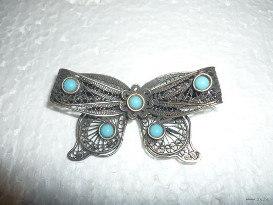 Антикварная Серебряная Брошь Бант С Бирюзой Филигрань 20-30-ые
