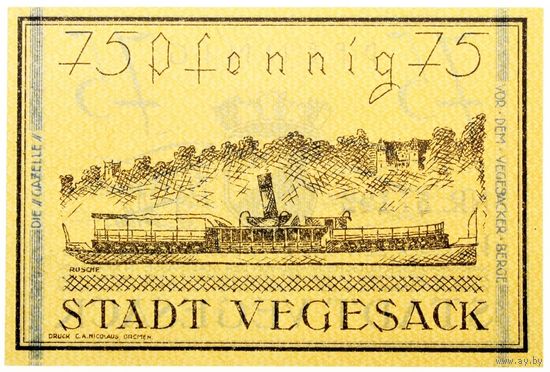 ГЕРМАНИЯ ВЕГЕЗАК (Вольный Город БРЕМЕН) 75 пфеннигов 1921 год - UNC!