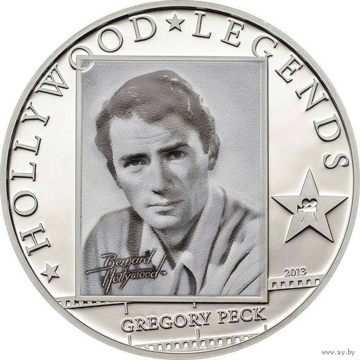 Острова Кука 5 долларов 2013г. "Легенды Голливуда: Грегори Пек (Gregory Peck)". Монета в капсуле; сертификат. СЕРЕБРО 25гр.