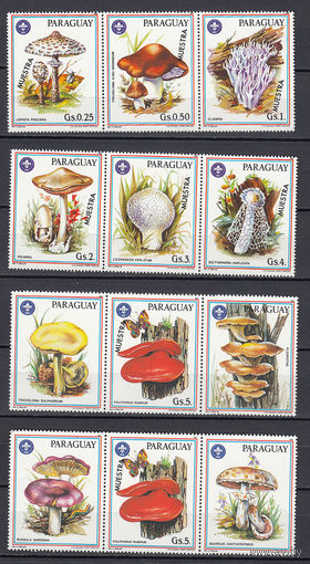 Флора. Грибы. Парагвай. 1986. 12 марок в 4-х сцепках (MUESTRA). Michel N 3950-3956 (12,3+ е)
