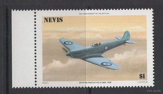 Невис 1986 ** Авиация, 50-летие истребителей Спитфайр Supermarine Spitfire 1936 , марка из серии