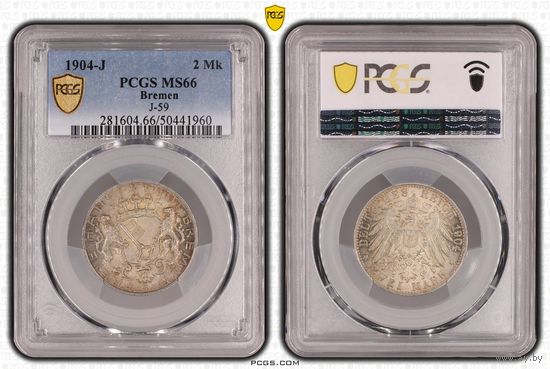 Германия.Бремен. 2 марки 1904 J. слаб PCGS MS66