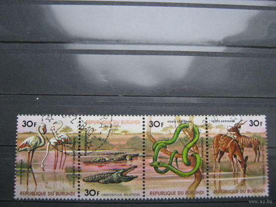 Марки - фауна, птицы, Бурунди, крокодил, фламинго, змея, антилопа