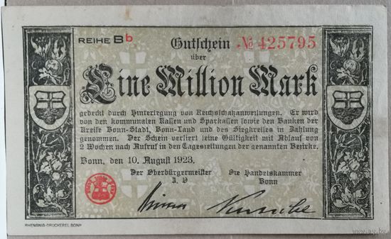 Германия 1000000 миллион марок 1923 г Бонн (Bonn), 512d, UNC, В/З