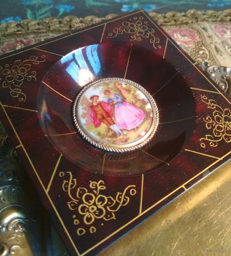 Медальон Лимож Limoges Франция, старый, фарфор + красное дерево, панно, миниатюра