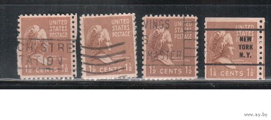 США-1938, (Мих.412), гаш.   , Стандарт, Марта Вашингтон,  4 марки различные гашения и зубц.