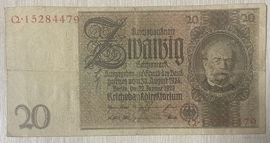 Банкнота 20 марок 1929 год. Веймарская республика. С рубля без МЦ.