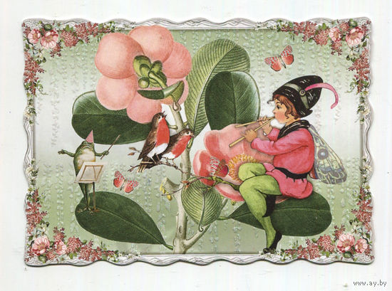 Открытка. Германия. Изд-во Ed Tausendschon. Фигурная. С блеском. Флора. Мальчик. Эльф. Розовые Цветы. Худож.Б.Бехр (чистая)