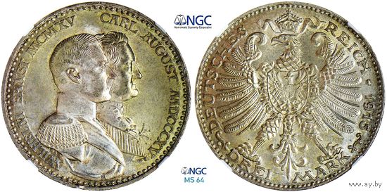 3 марки 1915 г. Саксен-Веймар-Эйзенах (1871 - 1918). Германия. 100 лет Великого Герцогства. NGC MS 64. Серебро. Редкие! КМ# 222